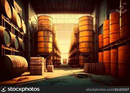Stacks of oil barrels in oil refinery warehouse. Neural network AI generated art. Stacks of oil barrels in oil refinery warehouse. Neural network generated art