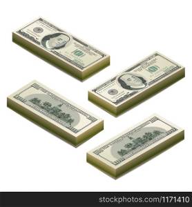 Stacks of realistic dummy one hundred US dollars banknote, front and back detailed coupure in isometric view isolated on white. Stacks of realistic dummy one hundred US dollars banknote, front and back detailed coupure in isometric view on white