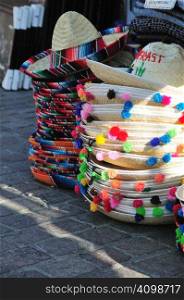 stacks of sombreros for sale on Olvera Street