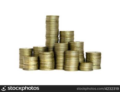 Stacks russian rubles of coins isolated on white background. Russian Rubles Coins