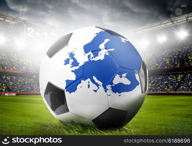 stadium and soccer or football ball with map of Europe. Continent shape is altered one from visibleearth.nasa.gov. european football concept