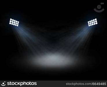 Stadium theater floolights spotlights with light beams on black background. Stadium theater floolights spotlights
