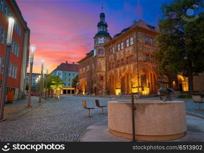 Stadt Nordhausen Rathaus sunset city hall with Roland figure in Thuringia Germany. Stadt Nordhausen Rathaus with Roland figure in Germany