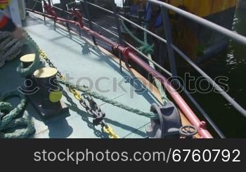 Staff members are transported by ship for a two-week shift at offshore gas production platform in the East-Kazantip field