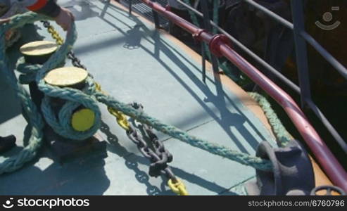 Staff members are transported by ship for a two-week shift at offshore gas production platform in the East-Kazantip field