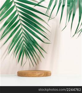 stage for displaying products, cosmetics with a round wooden podium and a green palm leaf. Shadow on the background