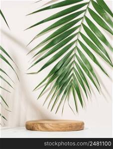 Stage for displaying products, cosmetics with a round wooden podium and a green palm leaf. Shadow on the background