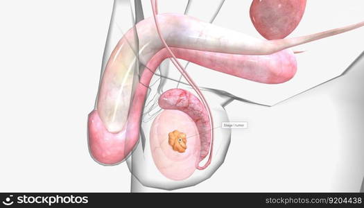 Stage I testicular cancer is characterized by a tumor that has not spread to the lymph nodes or other organs. 3D rendering. Stage I testicular cancer is characterized by a tumor that has not spread to the lymph nodes or other organs.