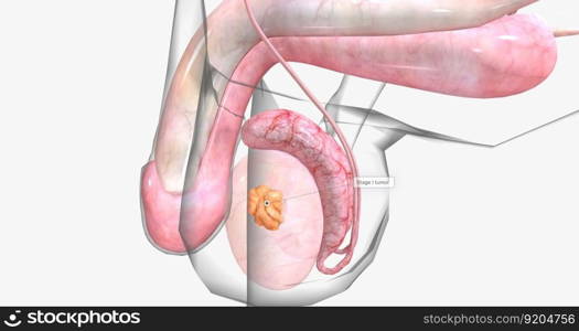 Stage I testicular cancer is characterized by a tumor that has not spread to the lymph nodes or other organs. 3D rendering. Stage I testicular cancer is characterized by a tumor that has not spread to the lymph nodes or other organs.