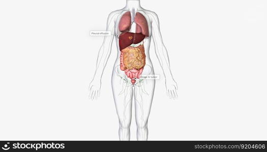 Stage IV ovarian cancer has spread to distant sites such as the lungs and liver. 3D rendering. Stage IV ovarian cancer has spread to distant sites such as the lungs and liver.