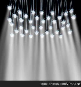 Stage lights as a group of shinning spotlights illuminating with bright beams of light to advertise and promote an important theatrical show event or product as a marketing and communication concept.