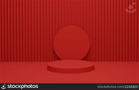 Stage podium on red velvet curtain background for products display. Modern red podium with geometric background. 3d render illustration.
