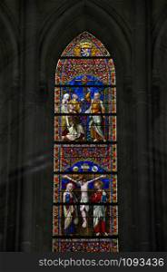 Stain glass window at St. Martin&rsquo;s Cathedral, also called St. Martin&rsquo;s Church, Ypres, Belgium, Europe