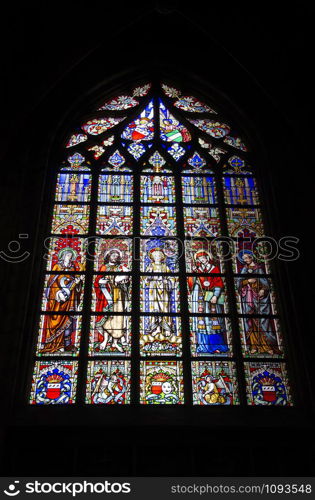 Stain glass window, the Church of Our Blessed Lady of the Sablon, Zavel district, Brussels, Belgium, Europe