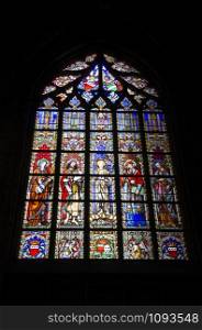 Stain glass window, the Church of Our Blessed Lady of the Sablon, Zavel district, Brussels, Belgium, Europe