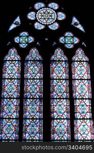 Stained glass decoration in Notre Dame cathedral in Paris.