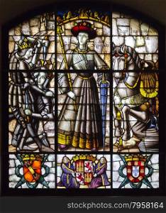 Stained glass in Gallery Hall of Alcazar of Segovia, Spain, depicting King Henry II of Castile.