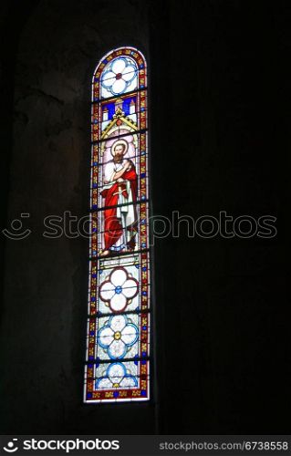 Stained glass, religious scenes, Abbey Church of St. Pierre, Beaulieu sur Dordogne, France