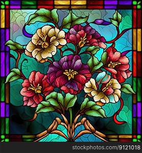 Stained glass style window with flower bouquet. Generative AI. Not based on any actual scene or pattern. Stained glass window with flower bouquet. Generative AI. Not based on any actual scene or pattern