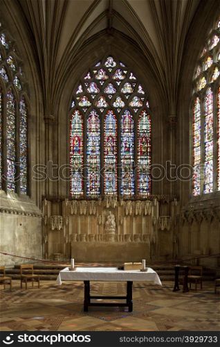 Stained Glass Windows inside Well Cathedral in the City of Wells in England