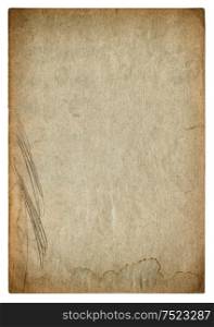 Stained paper page texture. Vintage cardboard background with vignette