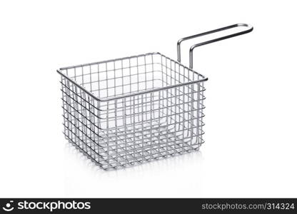 Stainless steel basket for french fries on white background