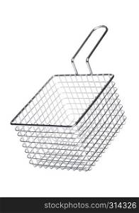 Stainless steel basket for french fries on white background
