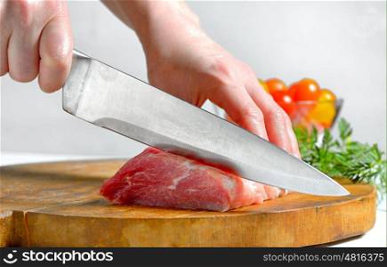 Stainless steel butcher knife cut meat
