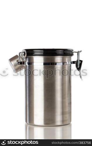 Stainless steel coffee ground container and scooper isolated on white background with reflection