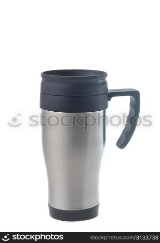 Stainless steel mug on white background