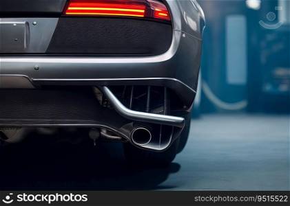 Stainless Steel Sports Car Exhaust Tip Close-Up with Showroom Bokeh Background. Generative AI.