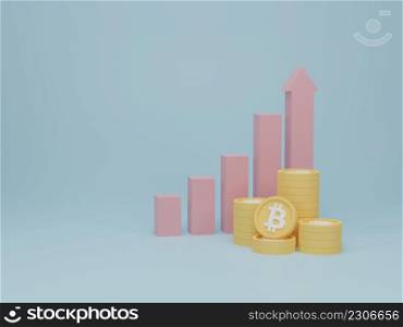 Stair step to growth success and bar graph with btc coin stack. Cryptocurrency trend and growing, bitcoin rising. 3d render illustration.