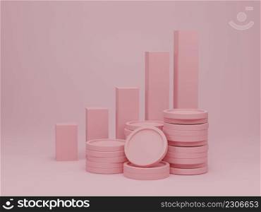 Stair step to growth success and bar graph with coins stack. Growth, finance, graph and invest business concept. 3d render illustration.