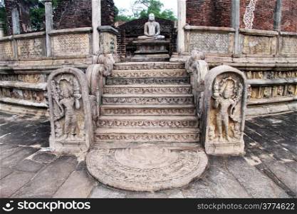 Staircase and statue Buddha in vatadage in Polonnaruwa, Sri Lanka