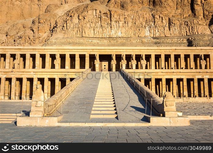 Staircase of Hatshepsut Temple in the rocks of luxor at sunrise, Egypt. Staircase of Hatshepsut Temple
