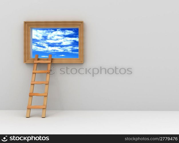 staircase to the picture with the sky. 3d