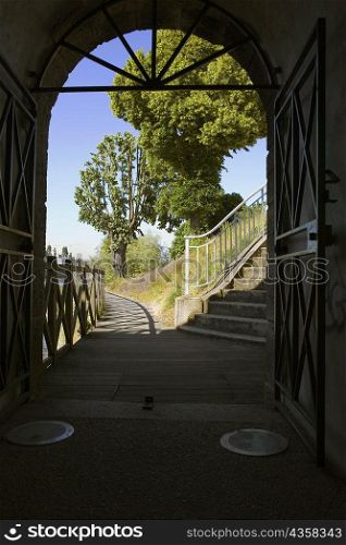 Staircase viewed through an archway, Pont Yssoir, Sarthe River, Le Mans, Sarthe, France