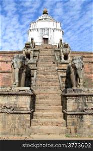 Staircase with elephants and brick piramid in Bhaktapur, Nepal