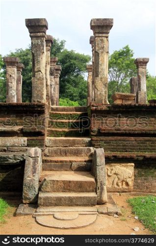 Staircse with moonstone and ruins of palace Nissanka Mala in Polonnaruwa, Sri Lanka