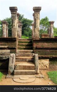 Staircse with moonstone and ruins of palace Nissanka Mala in Polonnaruwa, Sri Lanka