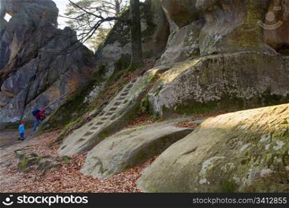 "Stairs are intagliated in a rock upwards ( "Skeli Dovbusha" , Ivano-Frankovsk Region, Ukraine)"