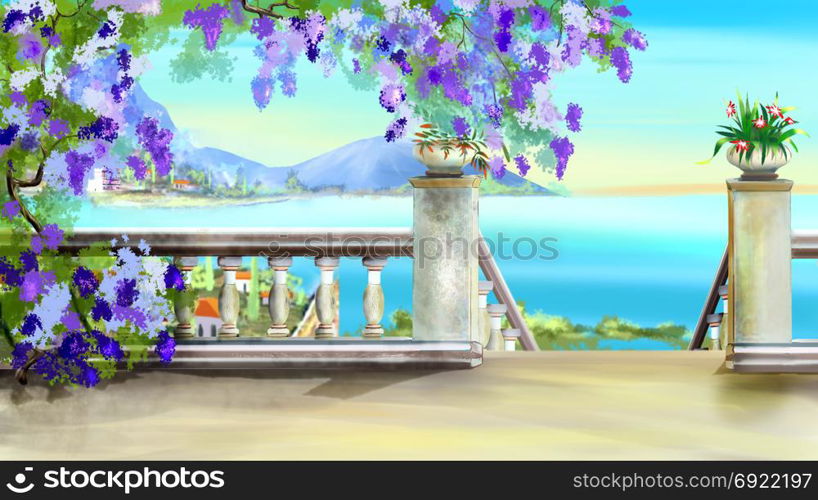 Stairs at Descent to the Sea. Stairs at Descent to the Sea in a Park on a sunny day. Digital Painting Background, Illustration in cartoon style character.