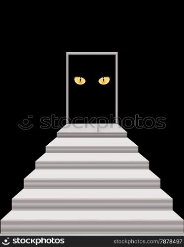 stairs leading to the door with intent cat&#39;s eyes in darkness