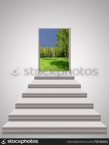 stairs leading to the door with thunder clouds and forest