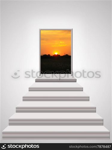 stairs leading up to beautiful landscape of bright sunset