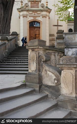 Stairs to Saint Antony church in Lviv City, Ukraine