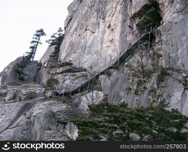 Stairs to the Geumganggul Cave in the mountains. Way up. Seoraksan National Park. South Korea