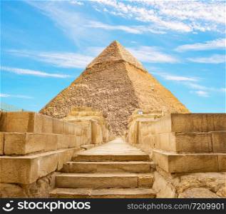Stairs to the Great Pyramid of Khafre in Giza, Egypt. Stairs to the Pyramid