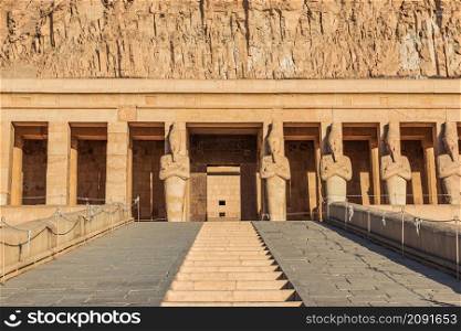 Stairs to the statues of Hatshepsut temple in desert of Luxor, Egypt. Stairs to the statues