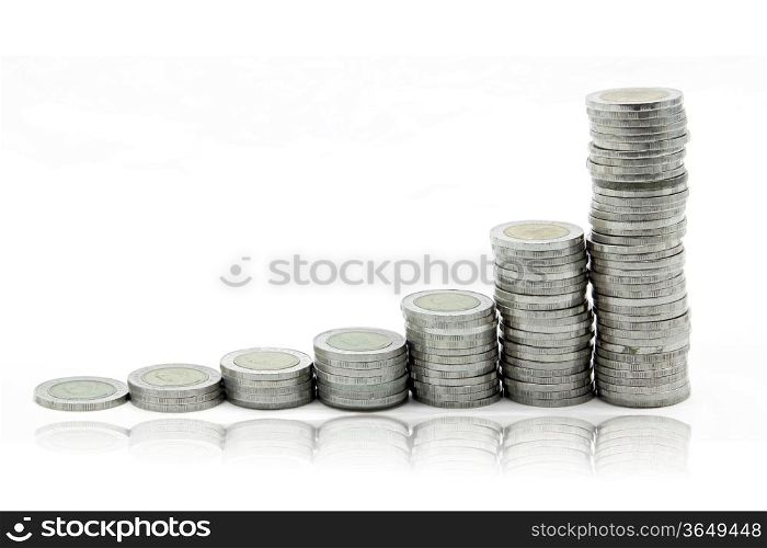 stairs to wealth, step of money coins isolated on white